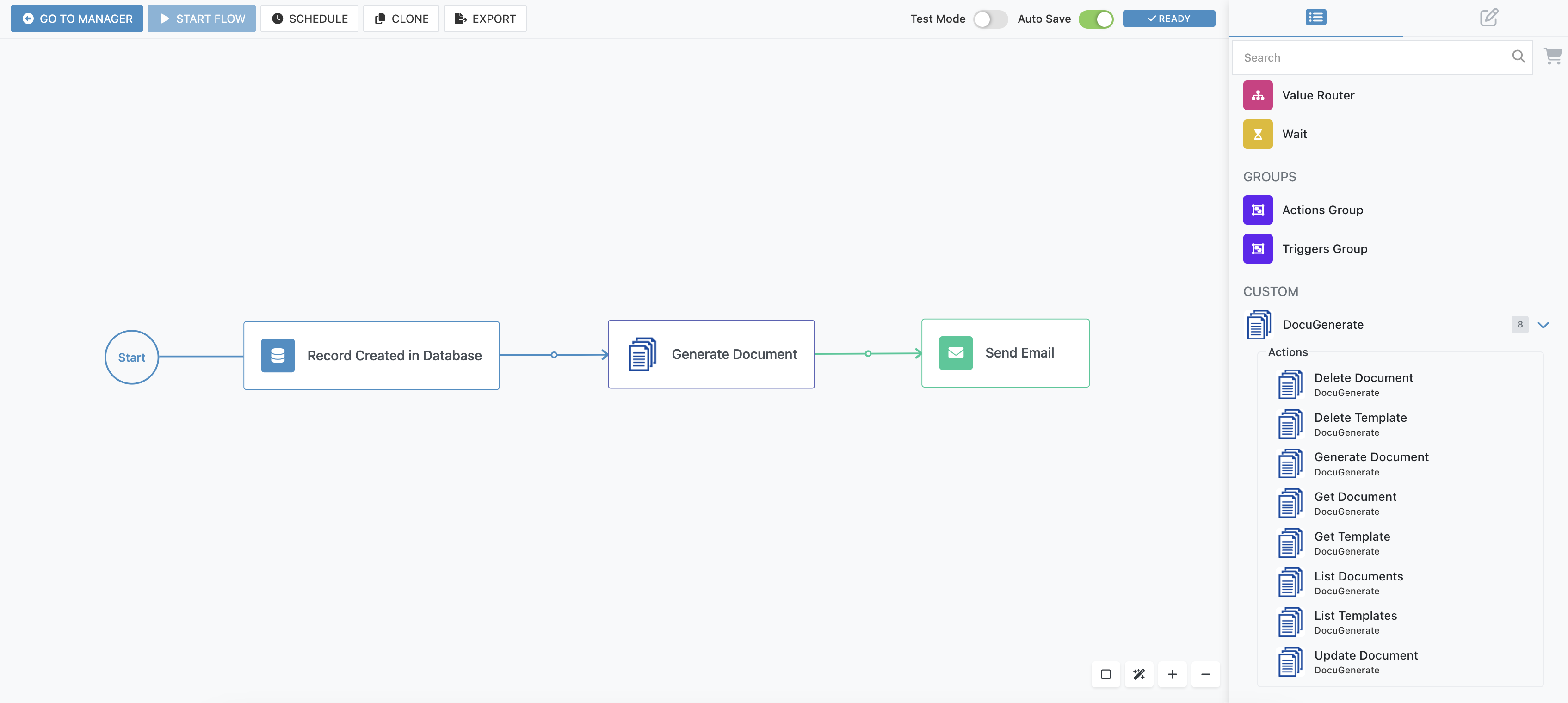 Sample workflow in FlowRunner with the following steps: Create Record in Database, Generate Document and Send Email
