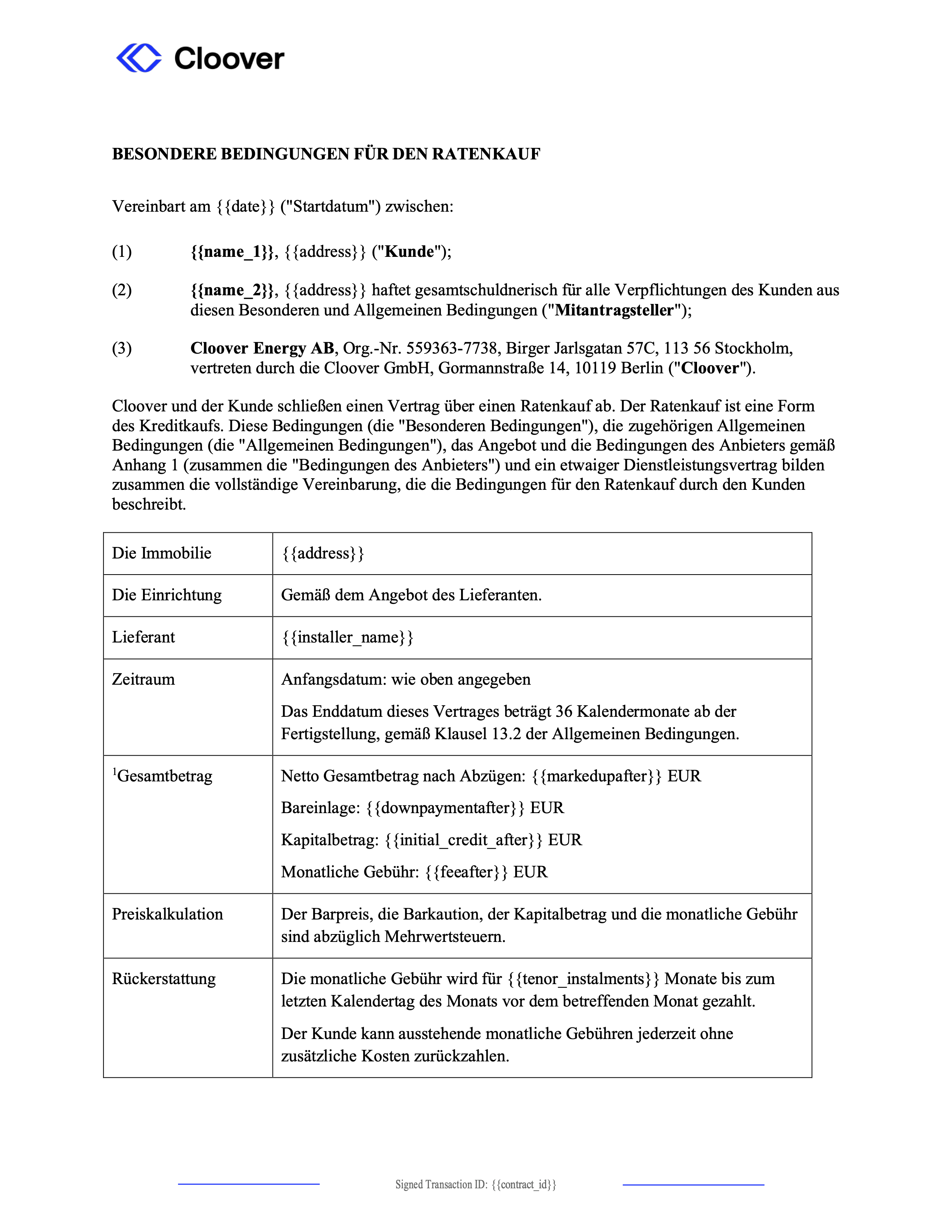 Cloover instalments template