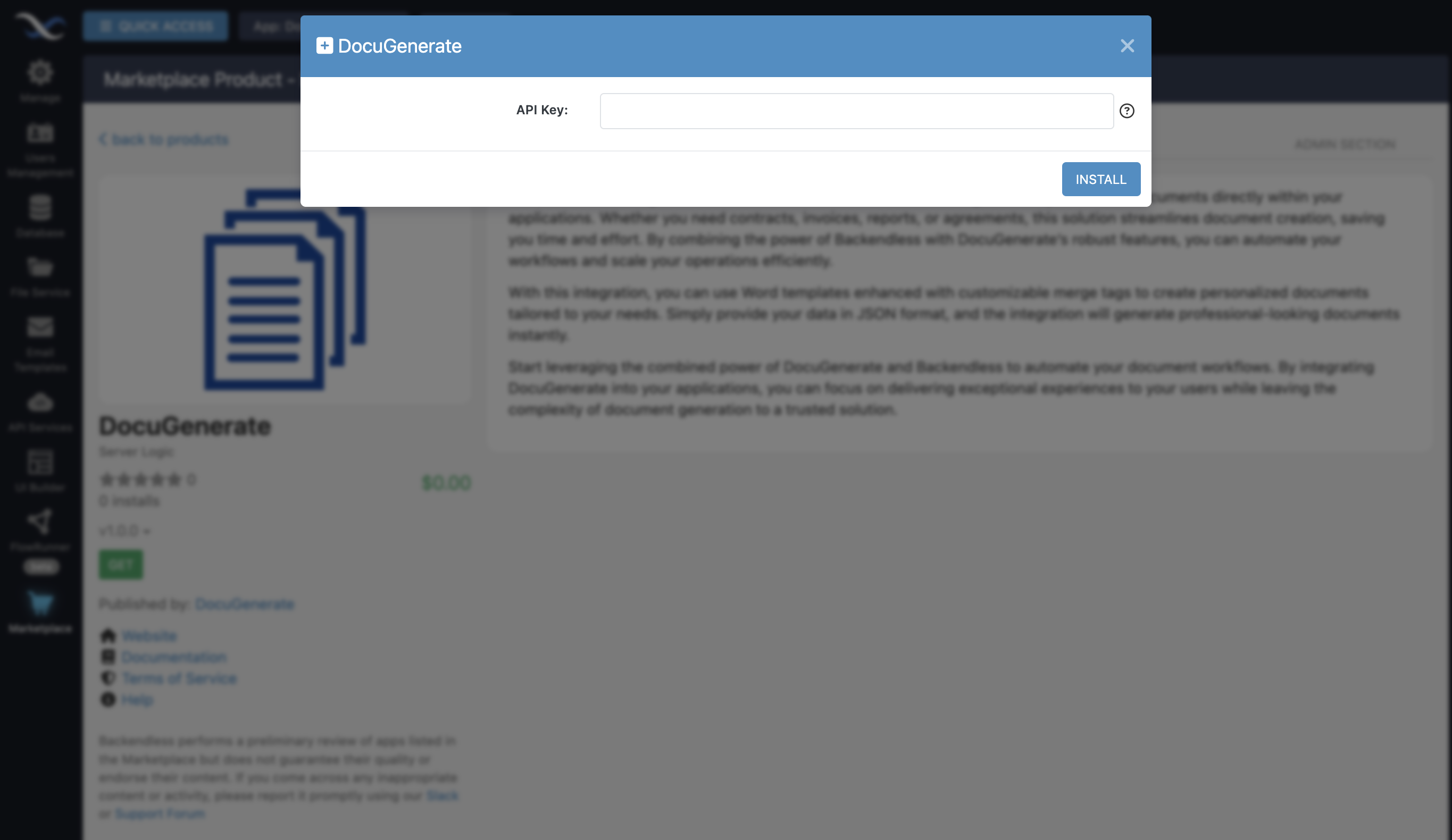 Configure the DocuGenerate API Key in Backendless