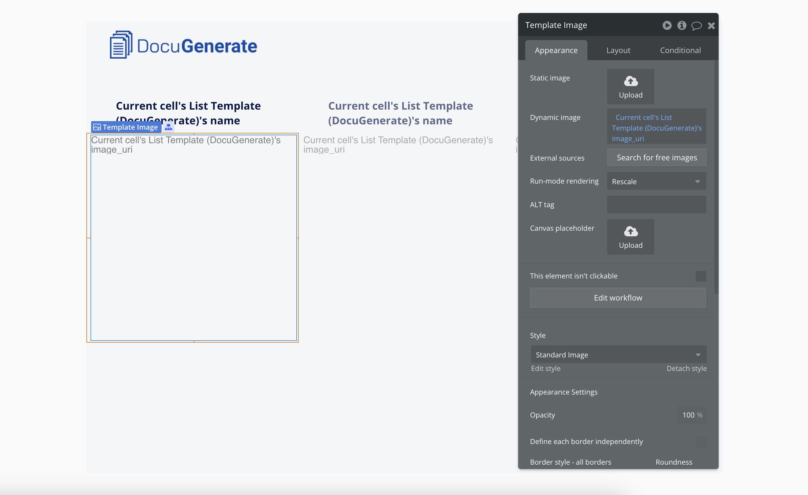 Image element for the template preview