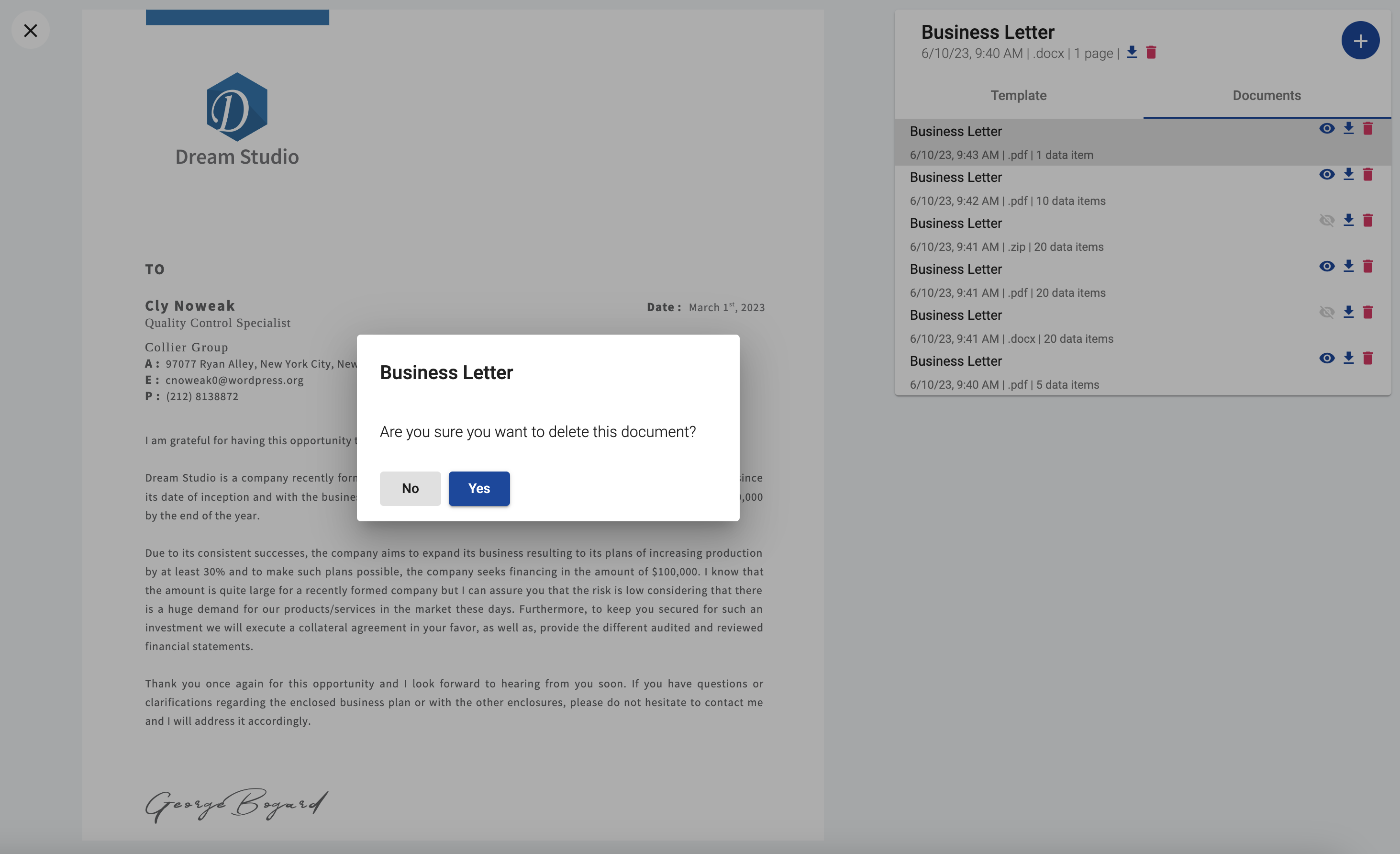 Delete document confirmation