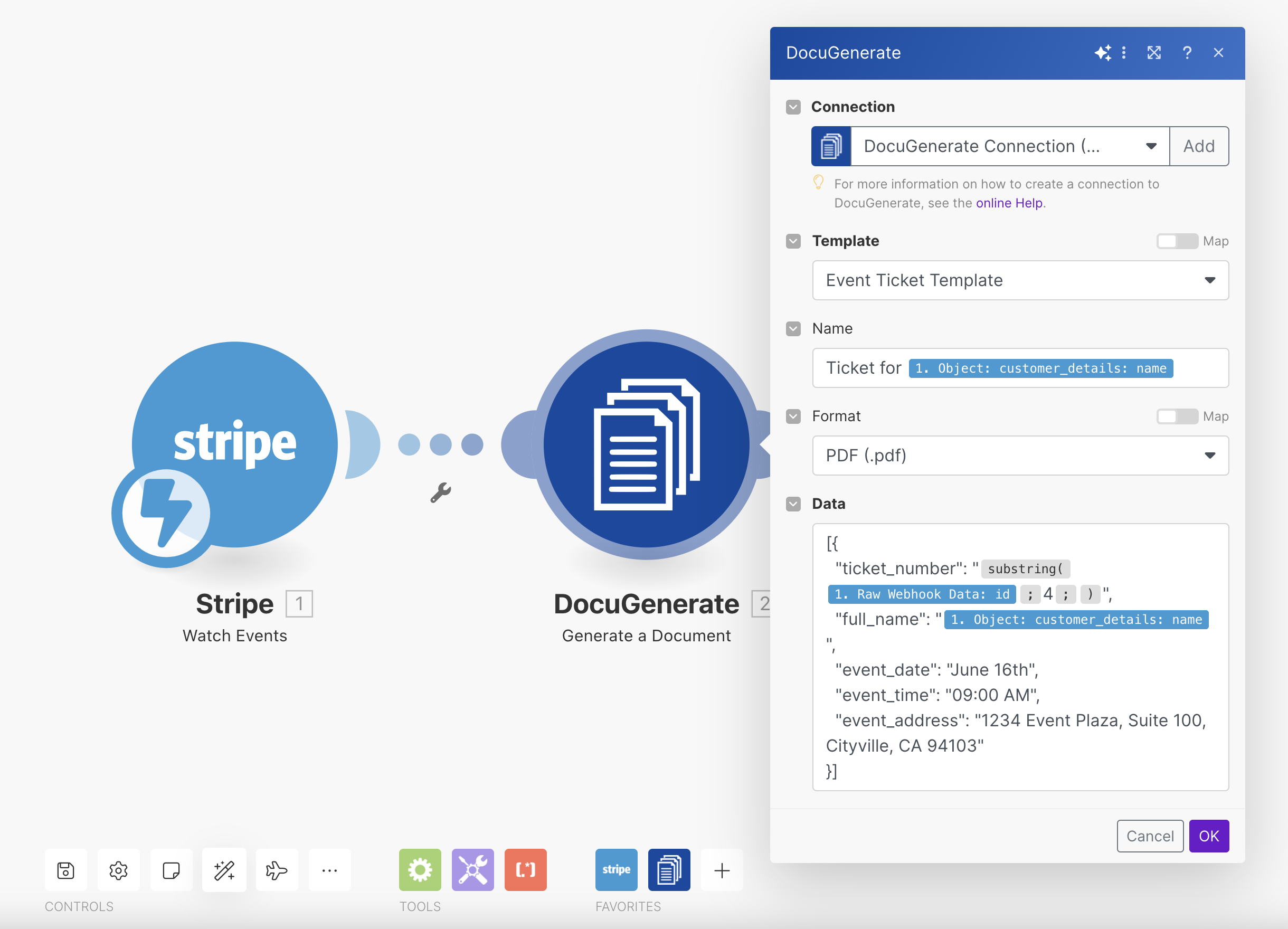 Set up the "Generate a Document" action in Make