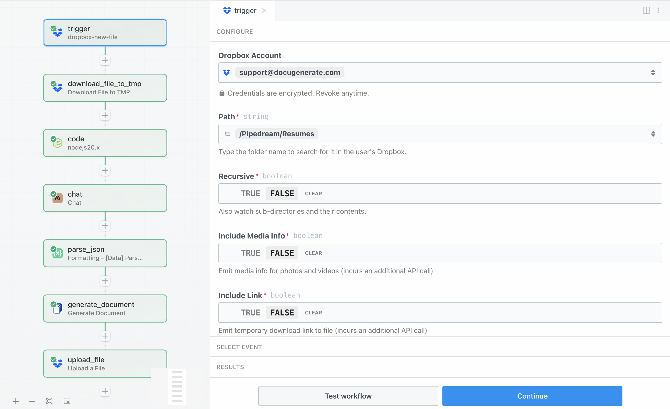 Screenshot of Dropbox trigger configuration