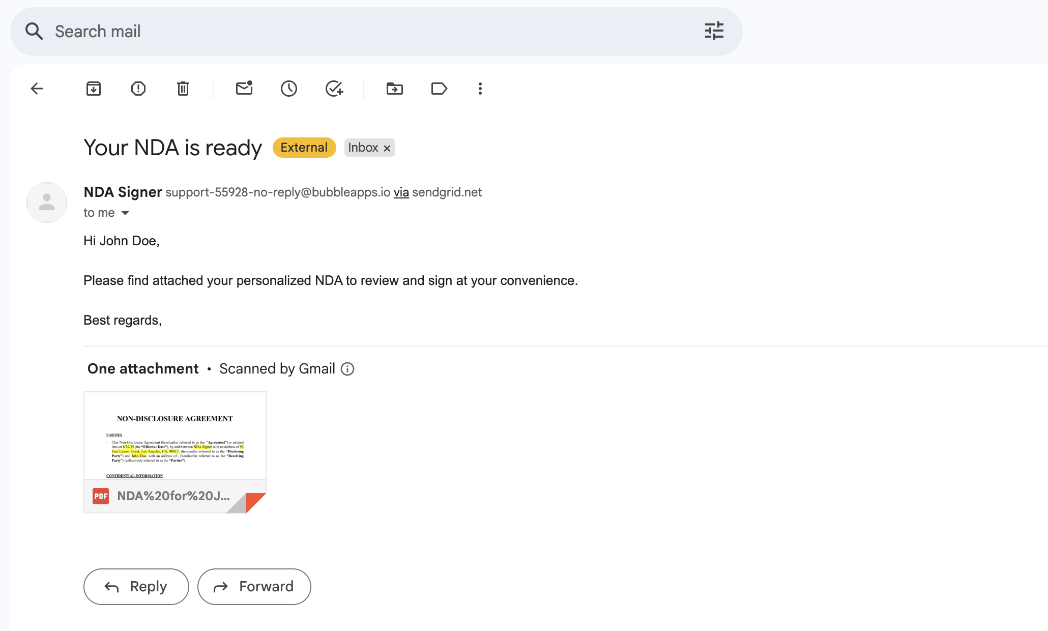 Email received with NDA attachment