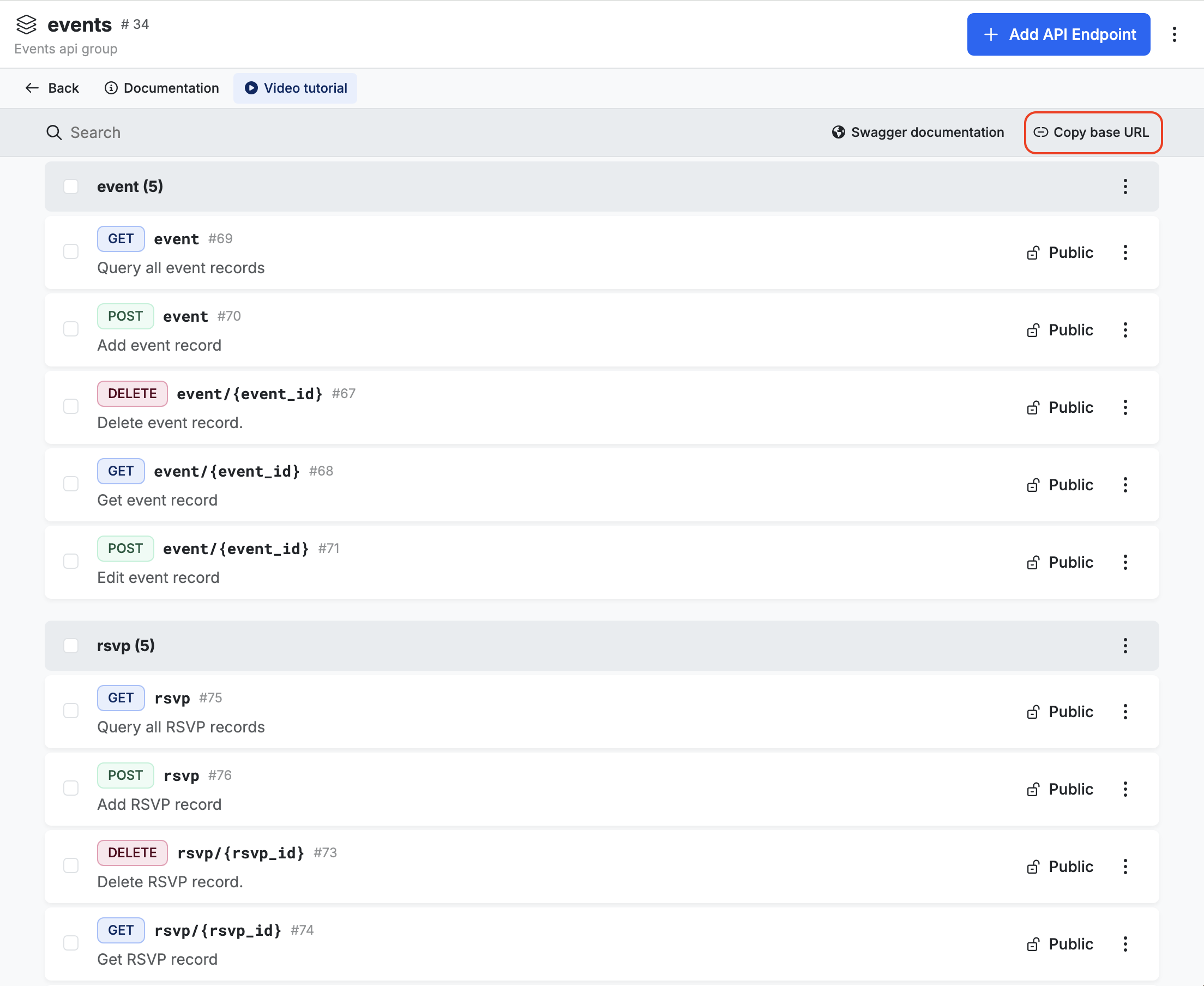 The Events API Group with endpoints for /event and /rsvp resources