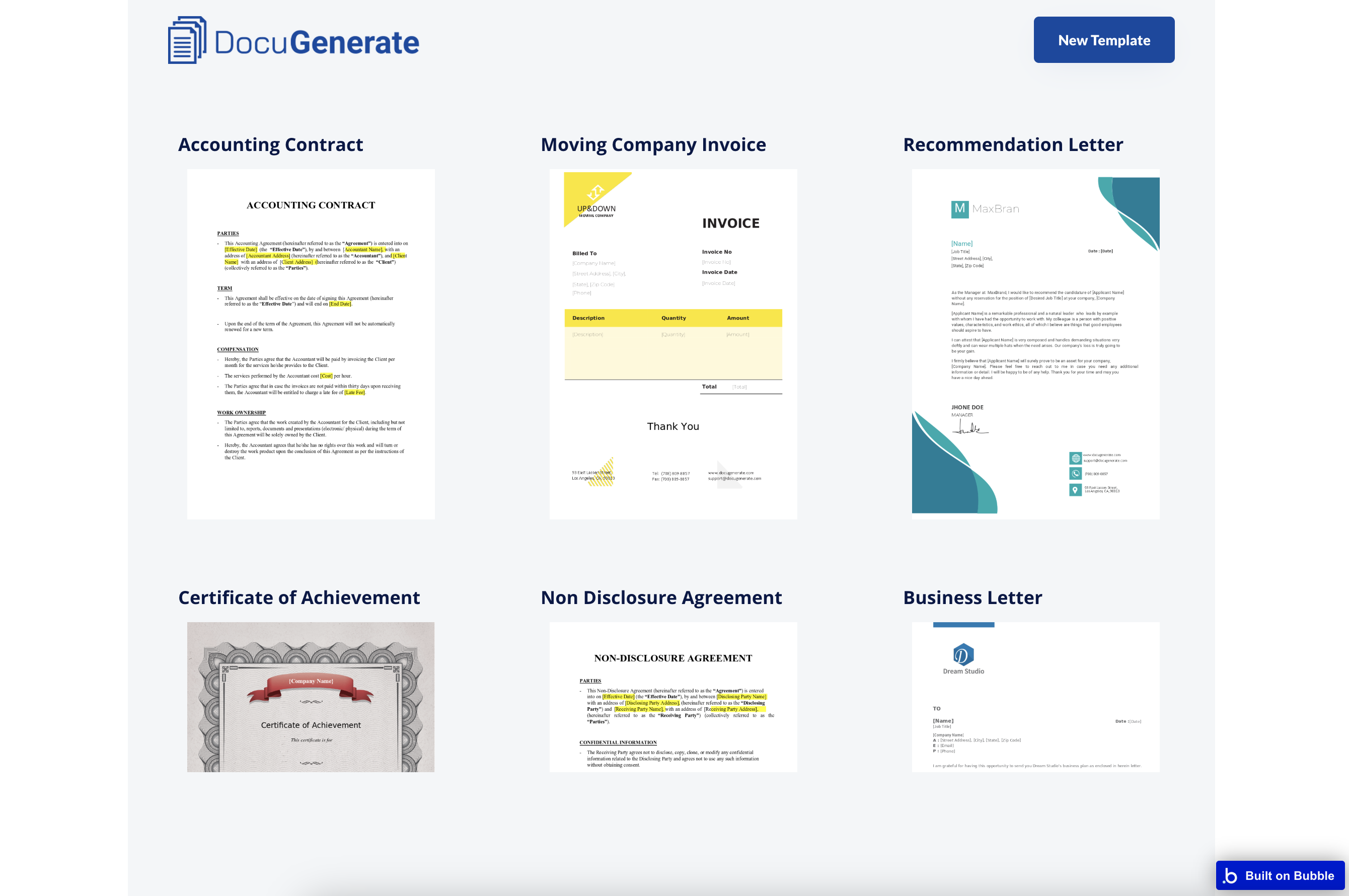 Dashboard page showing templates in a grid view
