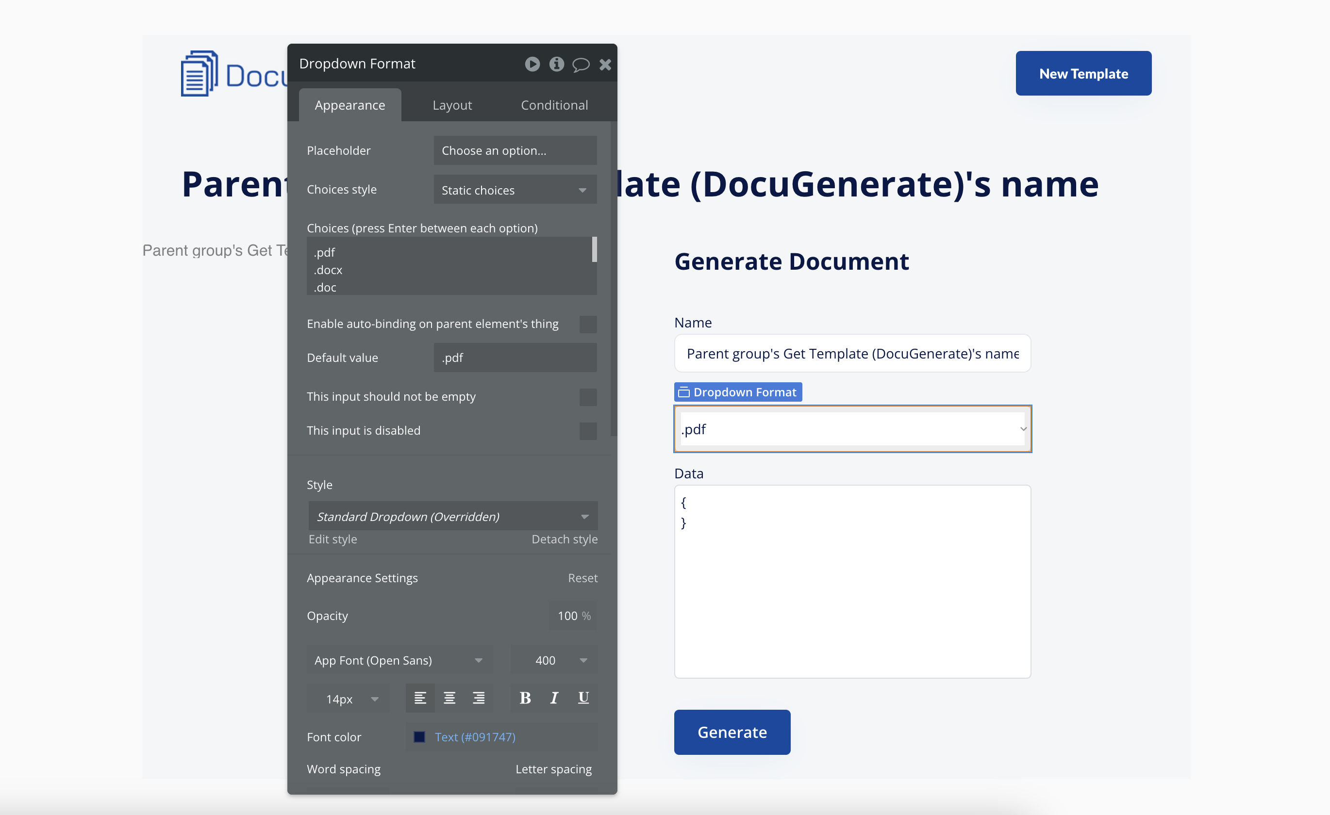 Form for generating documents