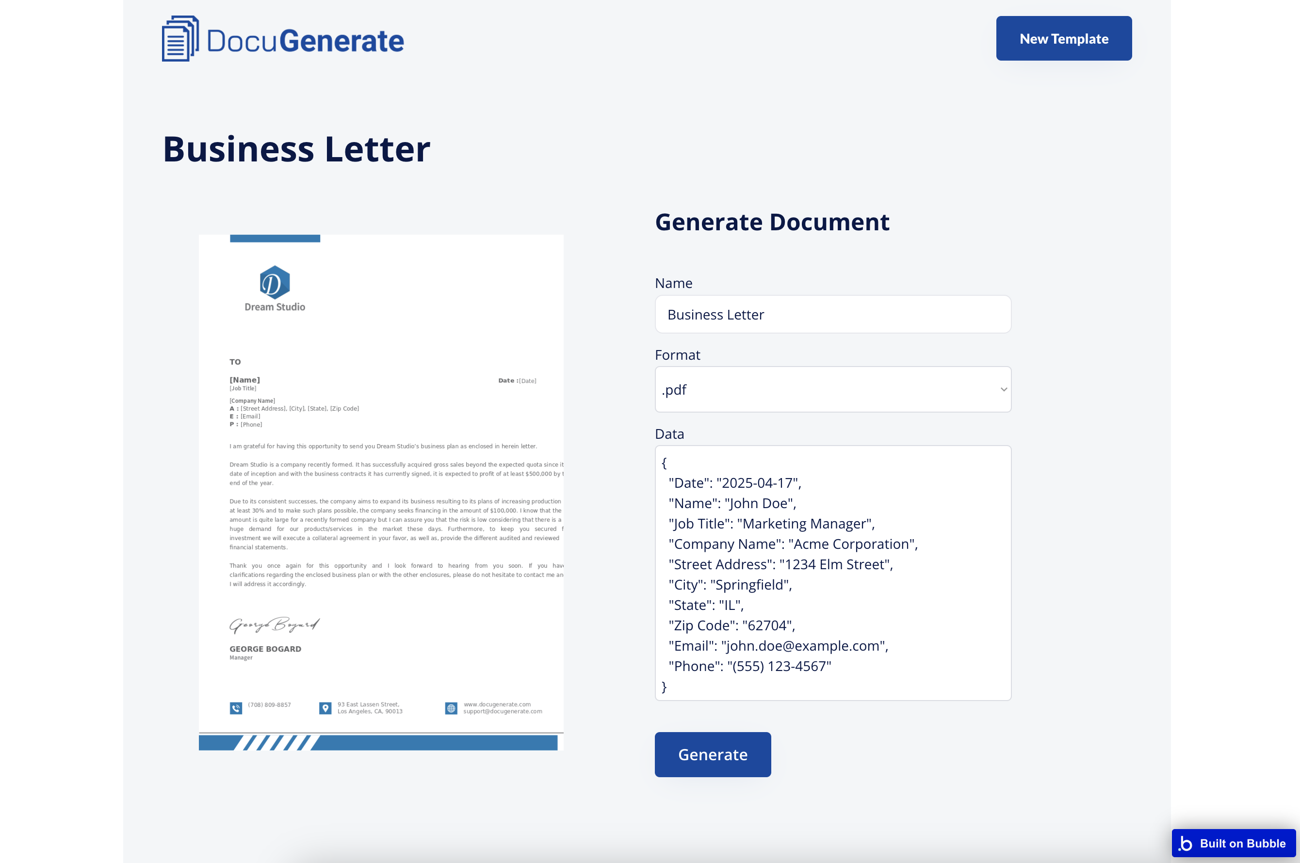 New document page with JSON data input form