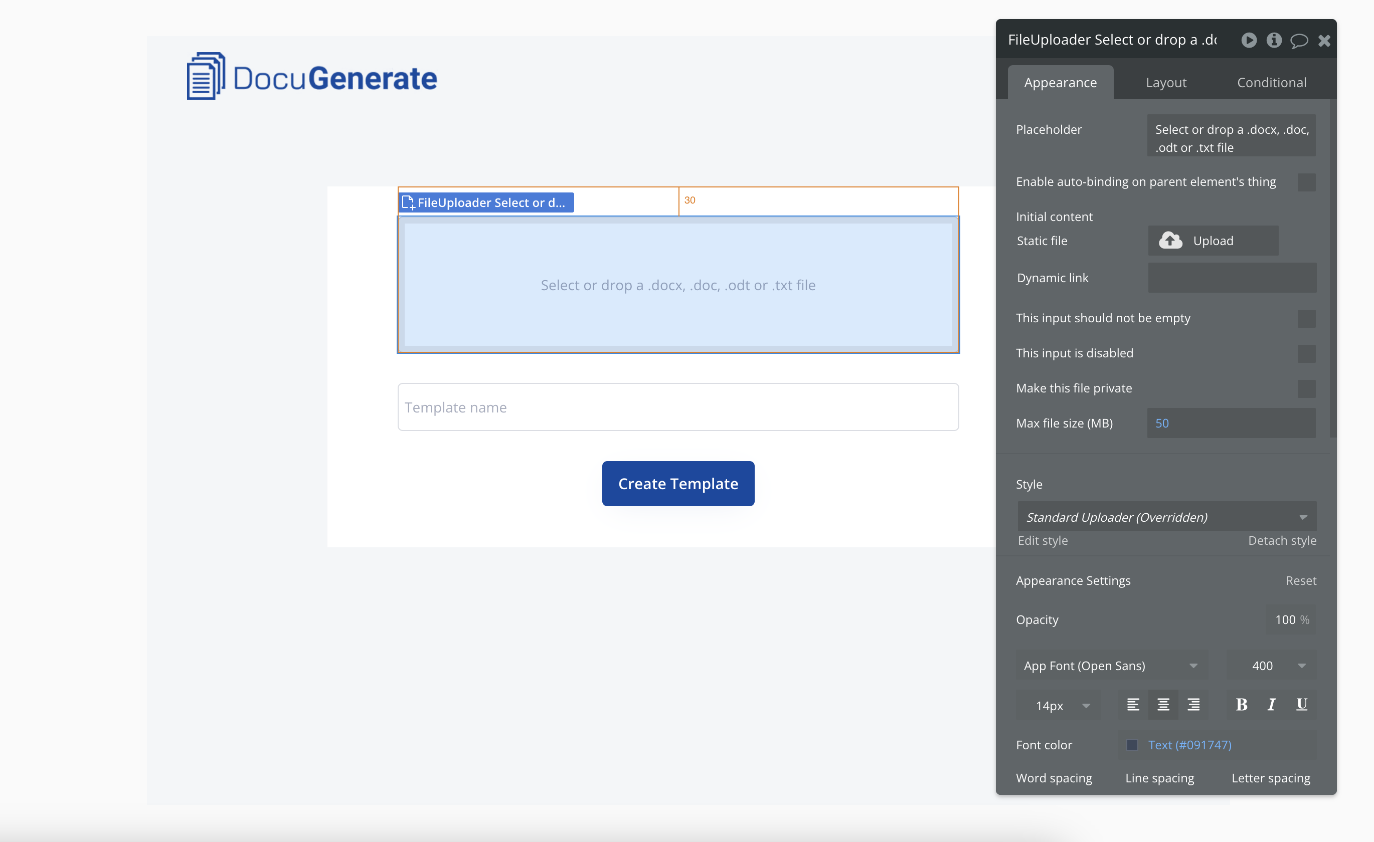 FileUploader element to let users select their Word document