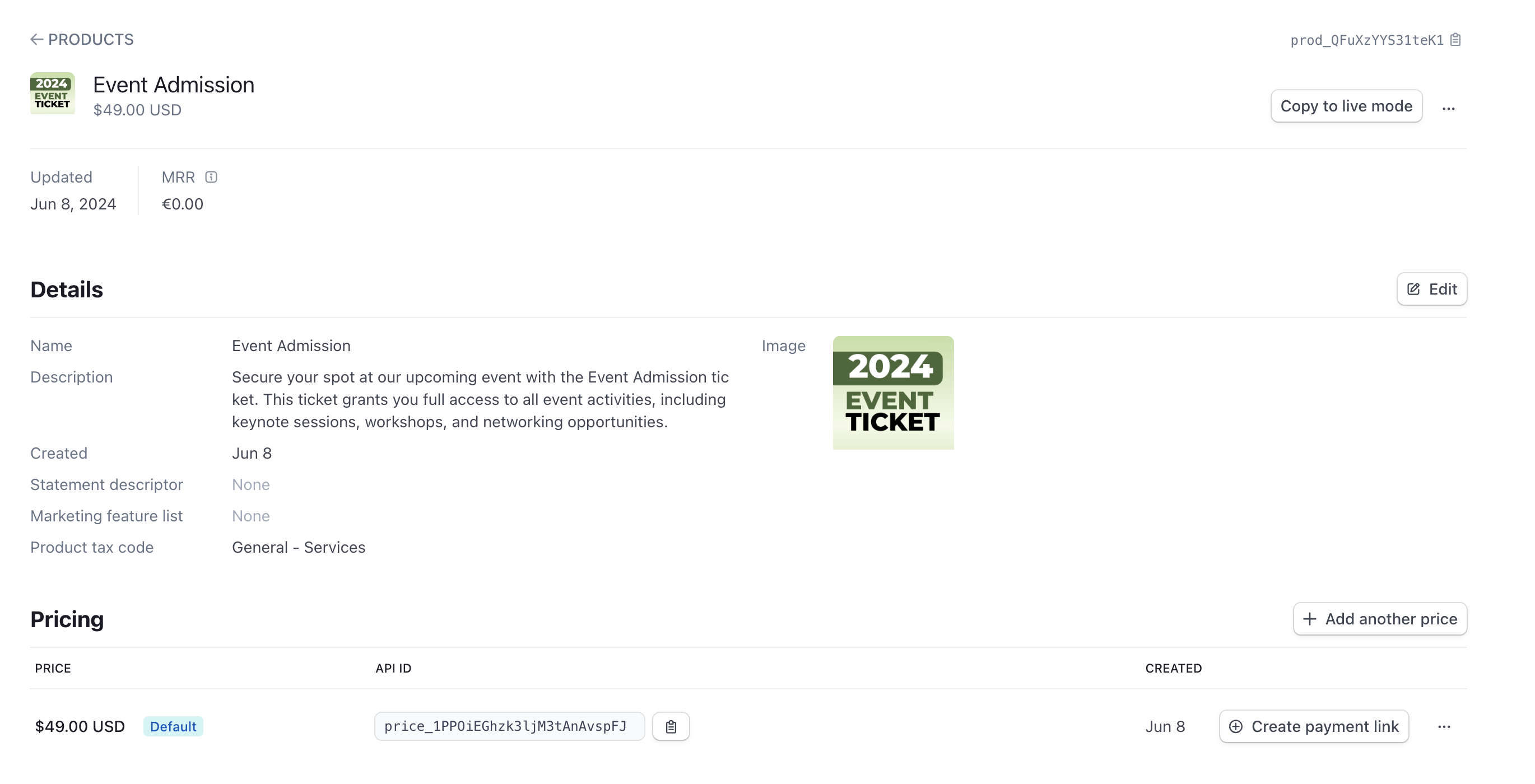 The "Event Admission" product on Stripe