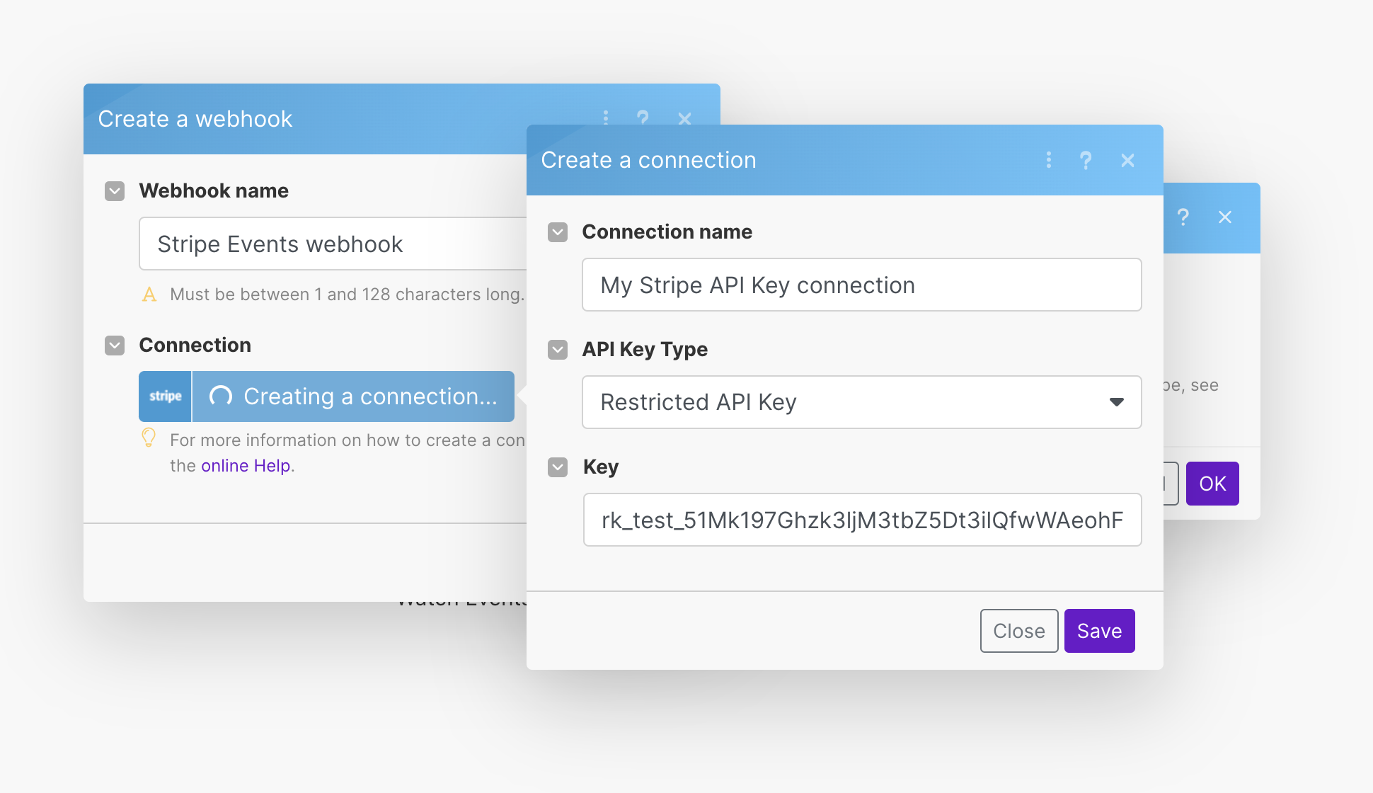 Create Stripe connection in Make