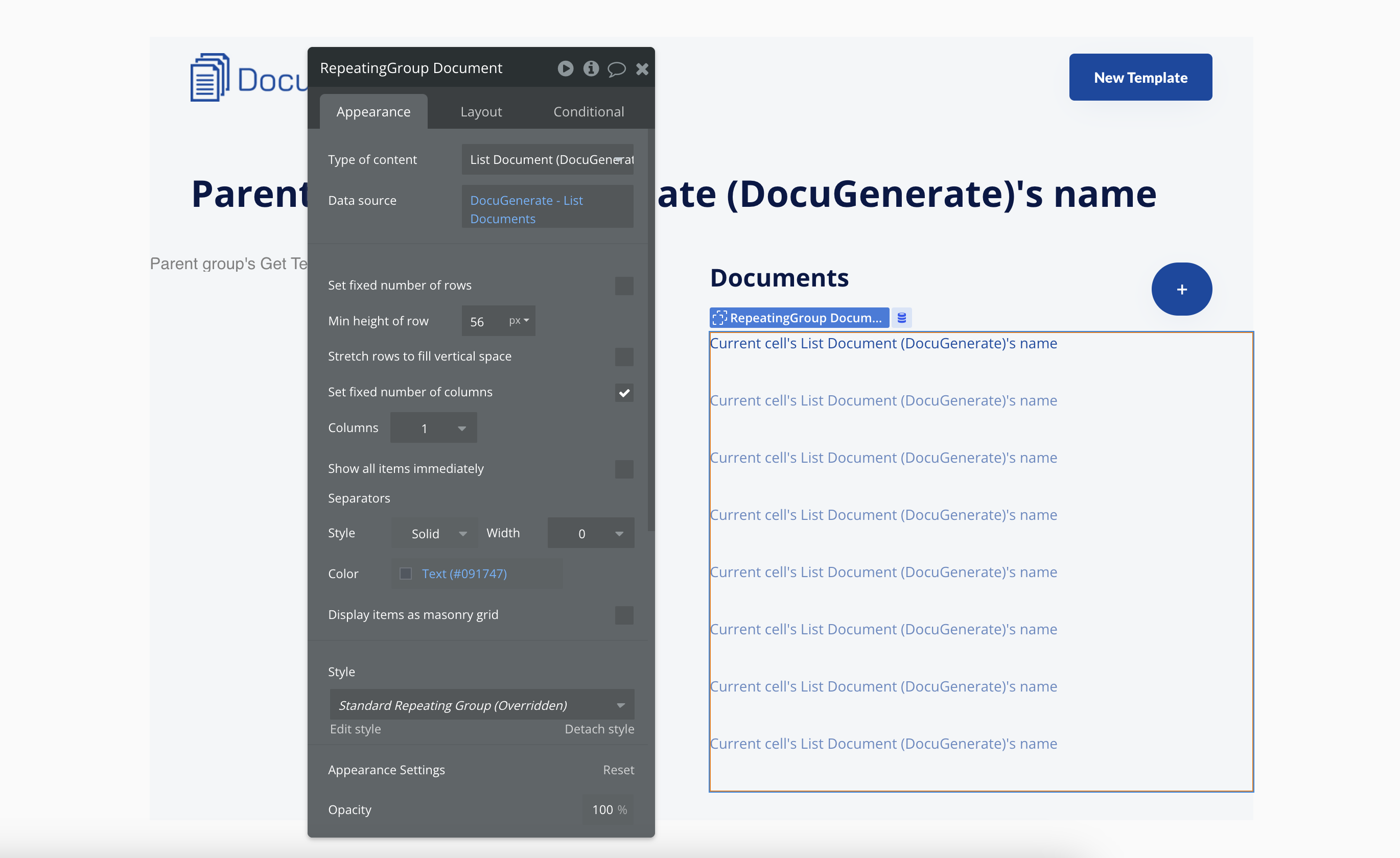 RepeatingGroup for displaying the documents list