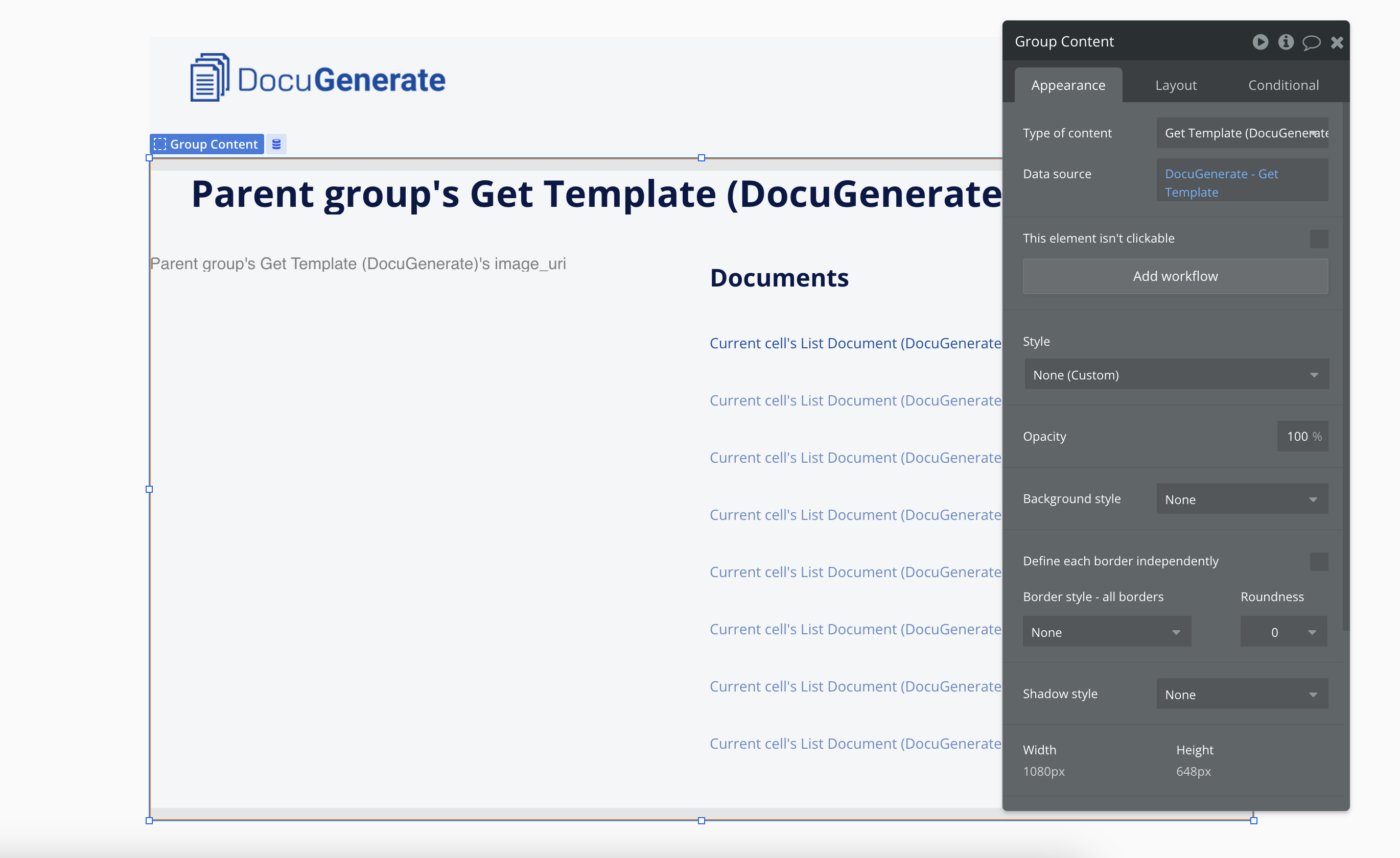 RepeatingGroup element for displaying the page content