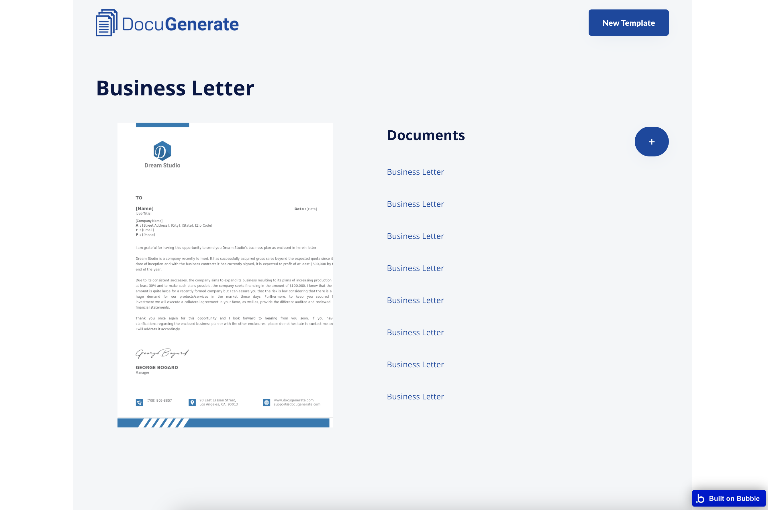 Template detail page showing preview and documents list