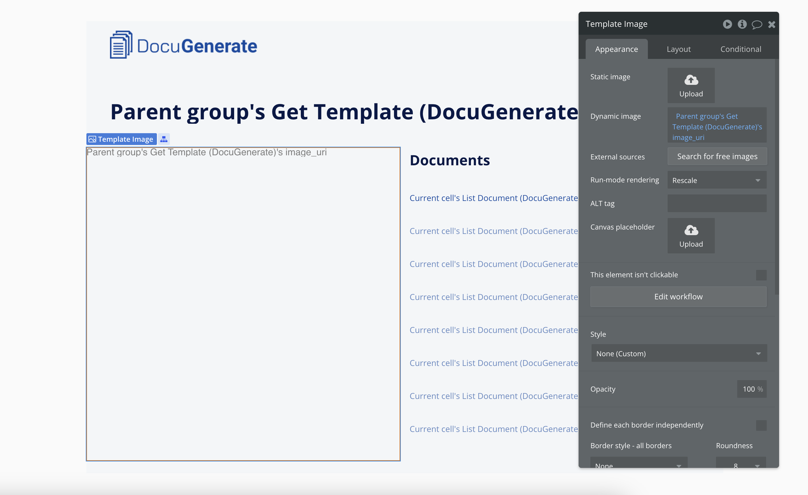 Image element for displaying the template preview