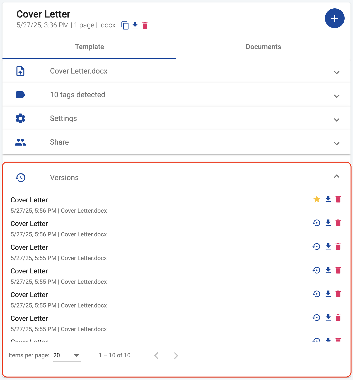 Template versions panel